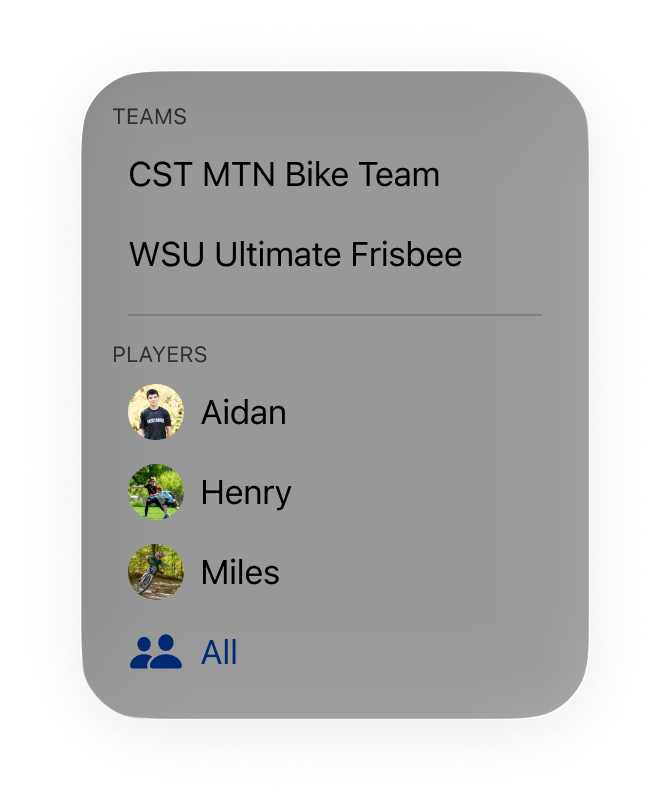 Hey app filter panel: focus the calendar by team or player