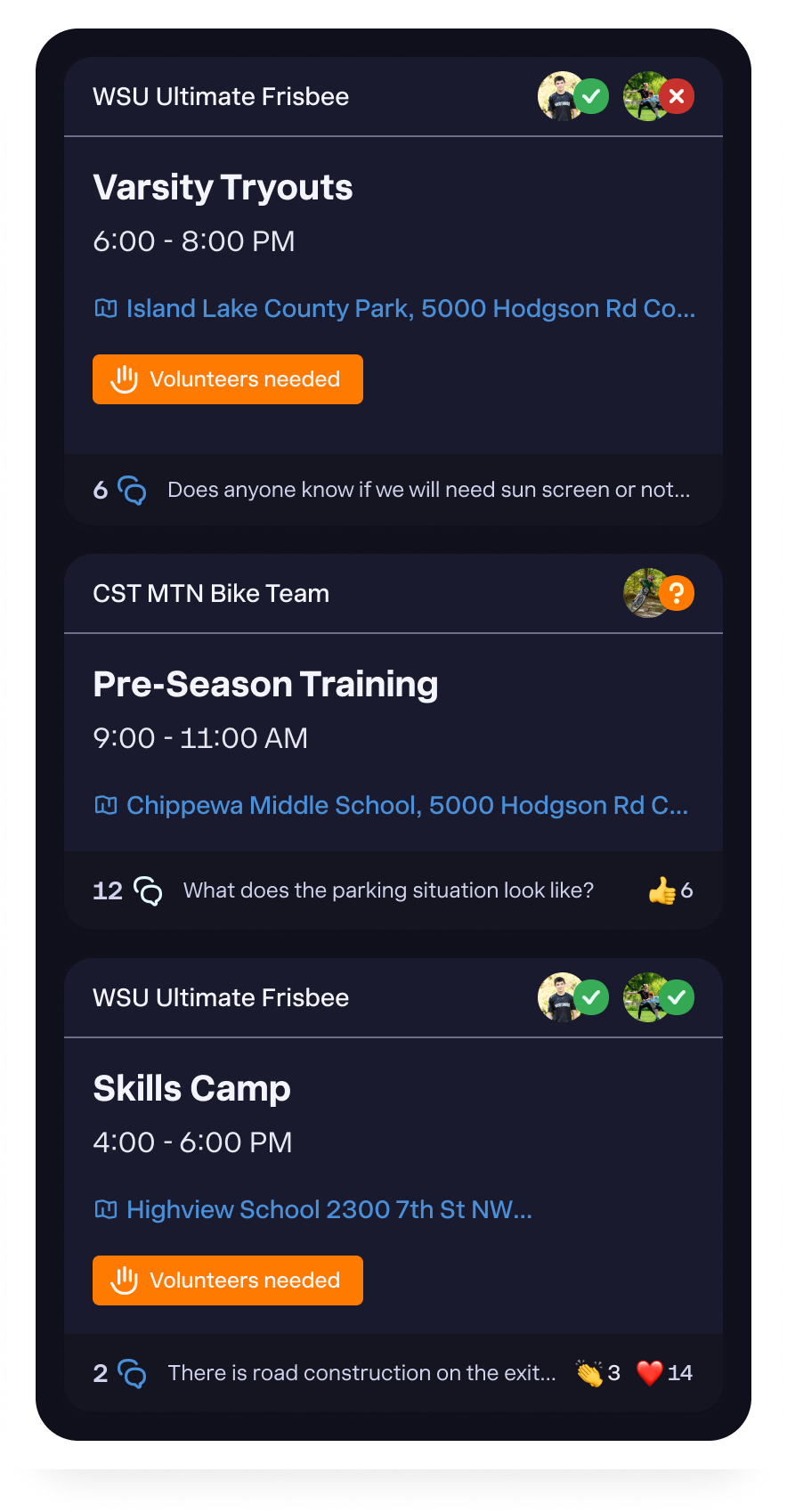 Hey app calendar: WSU Ultimate and CST MTN Bike Team events across the week